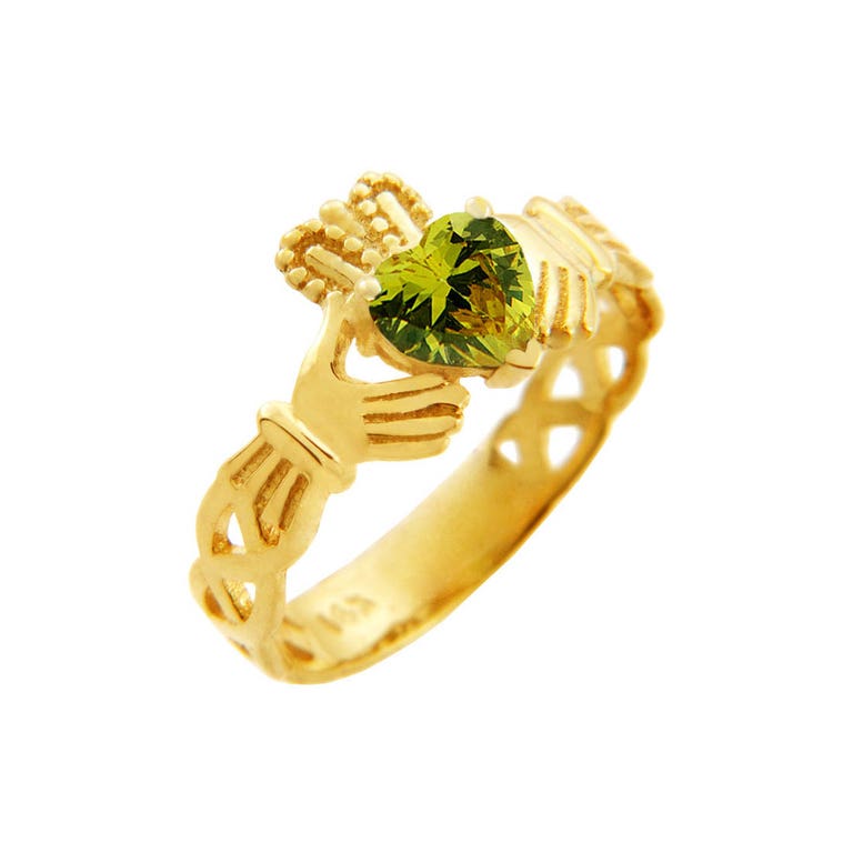 Gold Boutique Green Cubic Zirconia Trinity Band Heart Claddagh Ring in 9ct Gold - GB52659Y